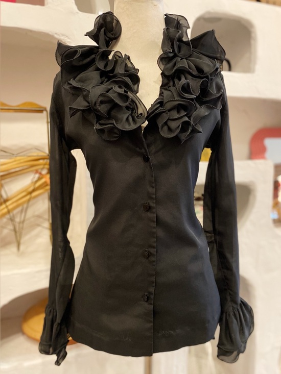 Tops - Extravagant Vintage Black Mesh Long Sleeve Button Up w/ Ruffled Collar & Sleeves